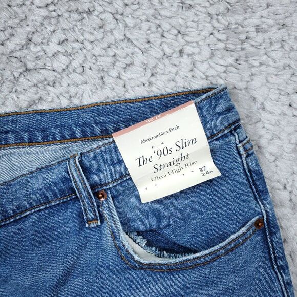 Abercrombie 90s Slim Straight Ultra High Rise Jeans Blue Ripped Y2K Size 24 37 - Picture 6 of 12